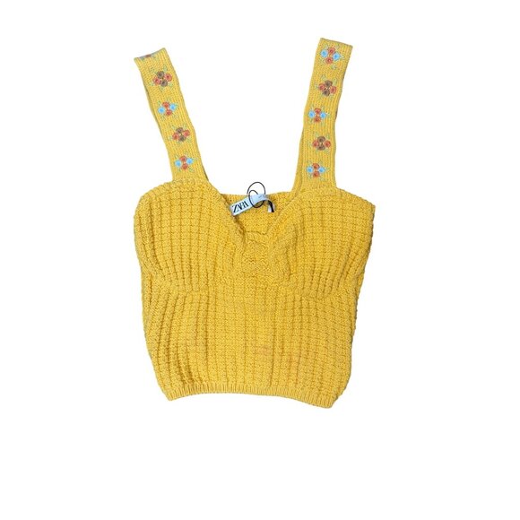 NWT ZARA Small Yellow Knit Crop Top W/ Floral Strap Dainty Detail Cotton - Picture 8 of 13